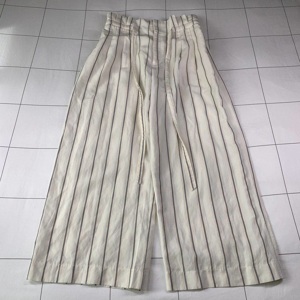 Club Monaco Pants Womens 6 Cream Striped Anreannah Wide Leg Paperbag Waist